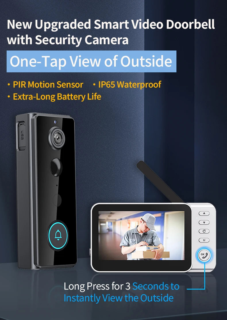 New Waterproof Wireless Doorbell Camera 4.3in IPS Screen Active Wake-Up Video Intercom Doorbell 1080P Home Security Door Bell