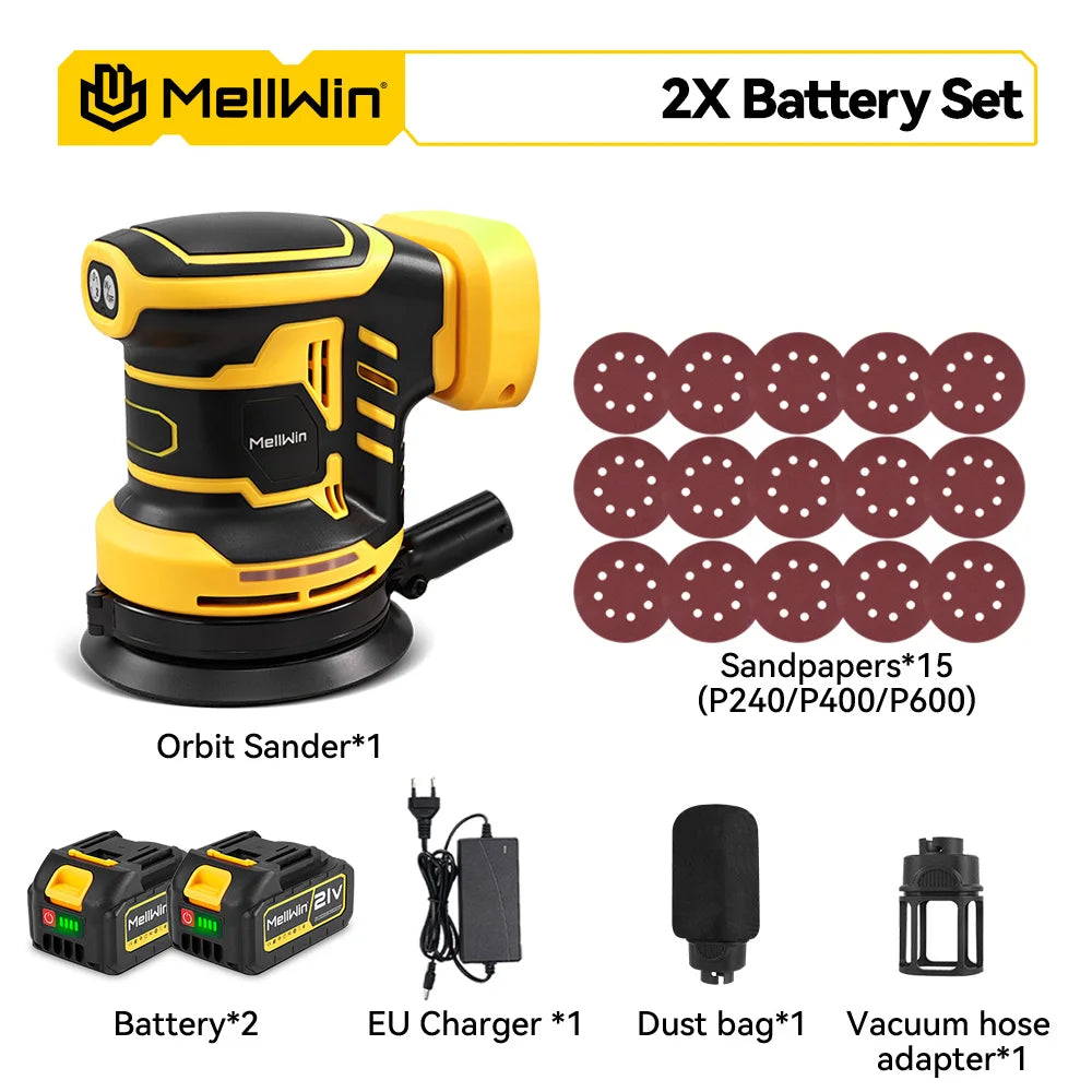 MELLWIN 125MM Electric Orbital Sander Polisher 3 Speeds Adjustable Wood Metal Sanding Polishing Tool For Makita 18V Battery Pin