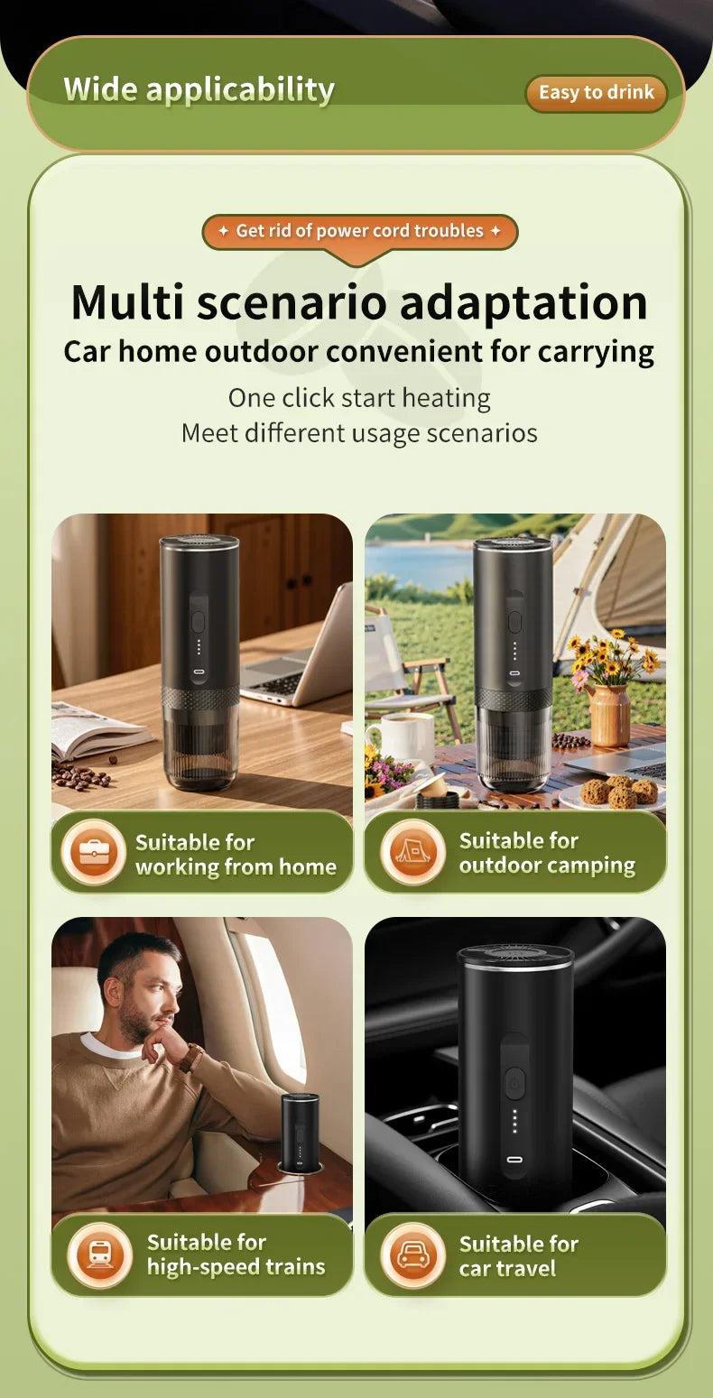 Portable black electric coffee maker for car, home, and camping use with one-click heating and compact design.