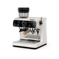 HiBREW white espresso coffee machine with integrated grinder, digital display, pressure gauge, and wood-grain accents.