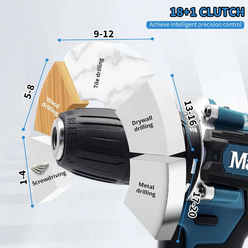 Mamidw 18V Brushless Cordless Drill, 2 Speed Adjustable Handheld Power Drill, Multi Torque Setting Electric Drill for Wood Metal Screwdriving & Drilling, Compatible with Makita 18V Battery PIN.