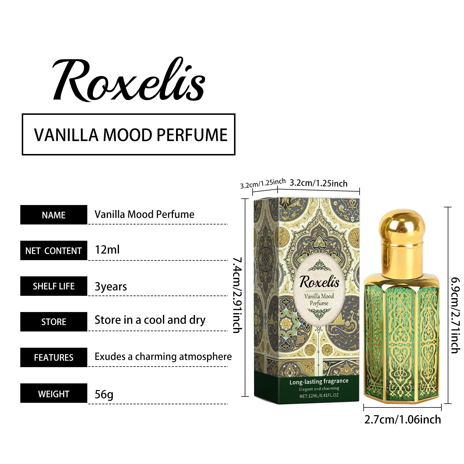 Roxelis Vanilla Mood perfume for women: elegant green gold hexagonal bottle, long-lasting Arabic scented fragrance.
