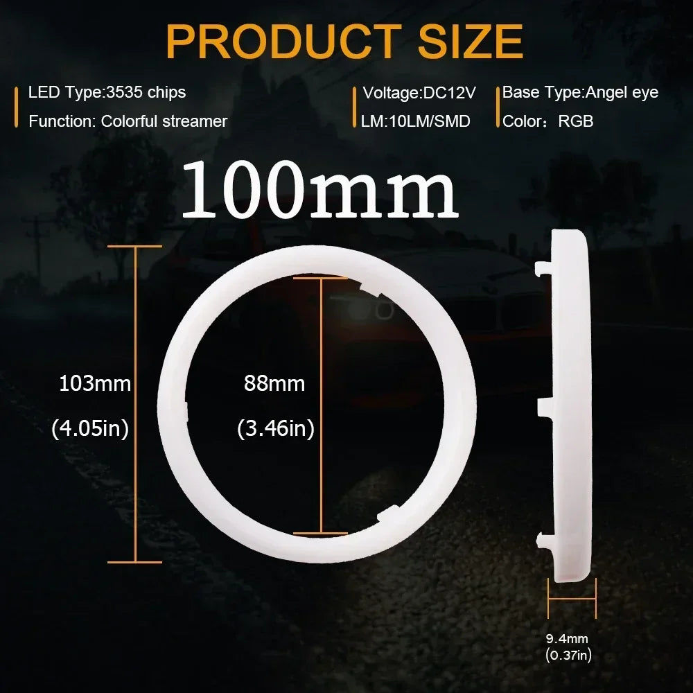 100mm RGB LED angel eye ring for car headlights, showing dimensions and side profile.
