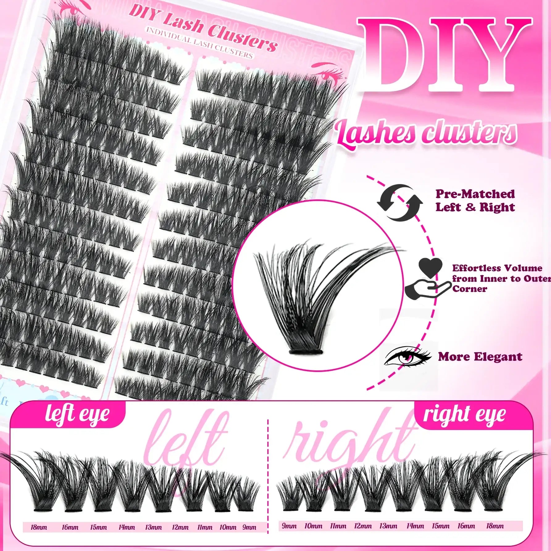 Tidesmit black DIY individual lash cluster tray with pre-matched lengths from 9mm to 18mm for left and right eyes.
