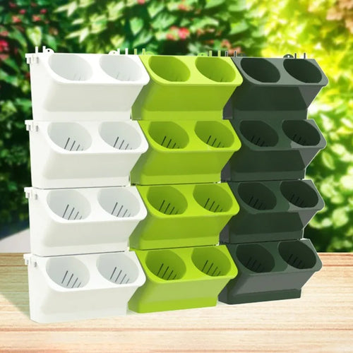 Stackable plastic wall planter set with oval cup modules in white, lime, and dark green