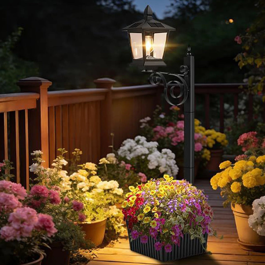 2 In 1 Outdoor Flower Pots Light with Planter Freestanding Planters Lamp Decorative Solar Lamp for Outside/Front Door/Yard/Lawn