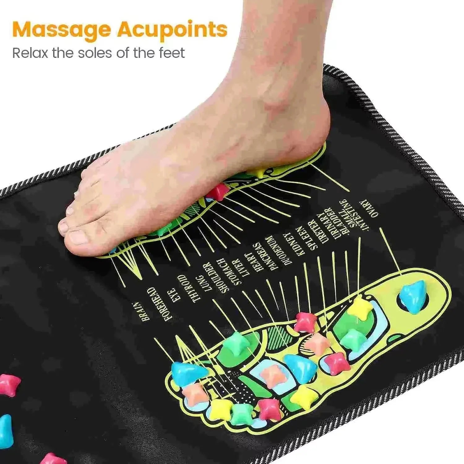 Foot standing on black acupressure reflexology massage pad with colorful pressure points for pain relief and health.