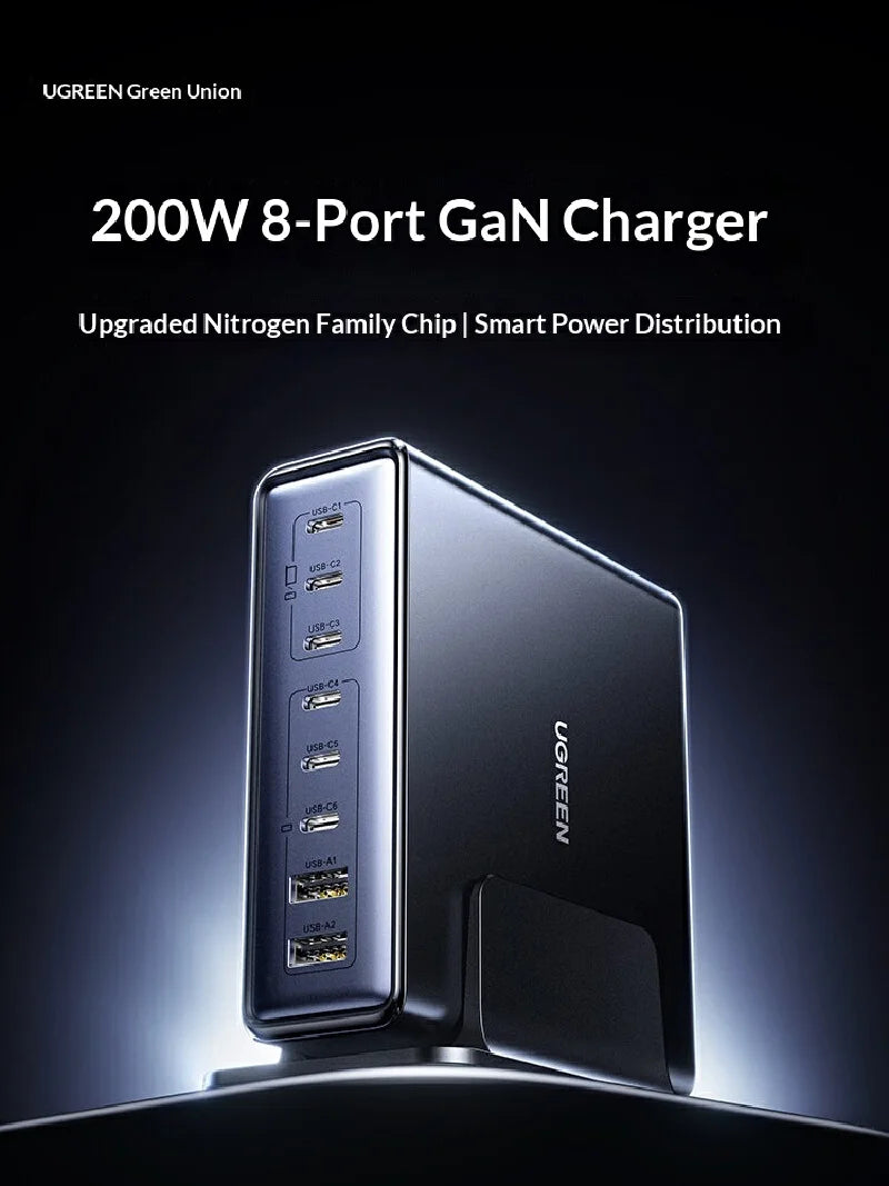 UGREEN 200W GaN Charger 8 in 1 Desktop Laptop Fast Charging Stand For Phone Tablets Smart Watch Desktop Charging Station iPad