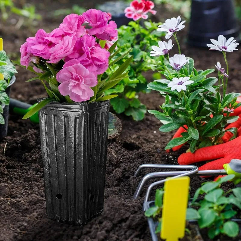 Black plastic nursery pot with drainage hole, deep ribbed walls for seedlings