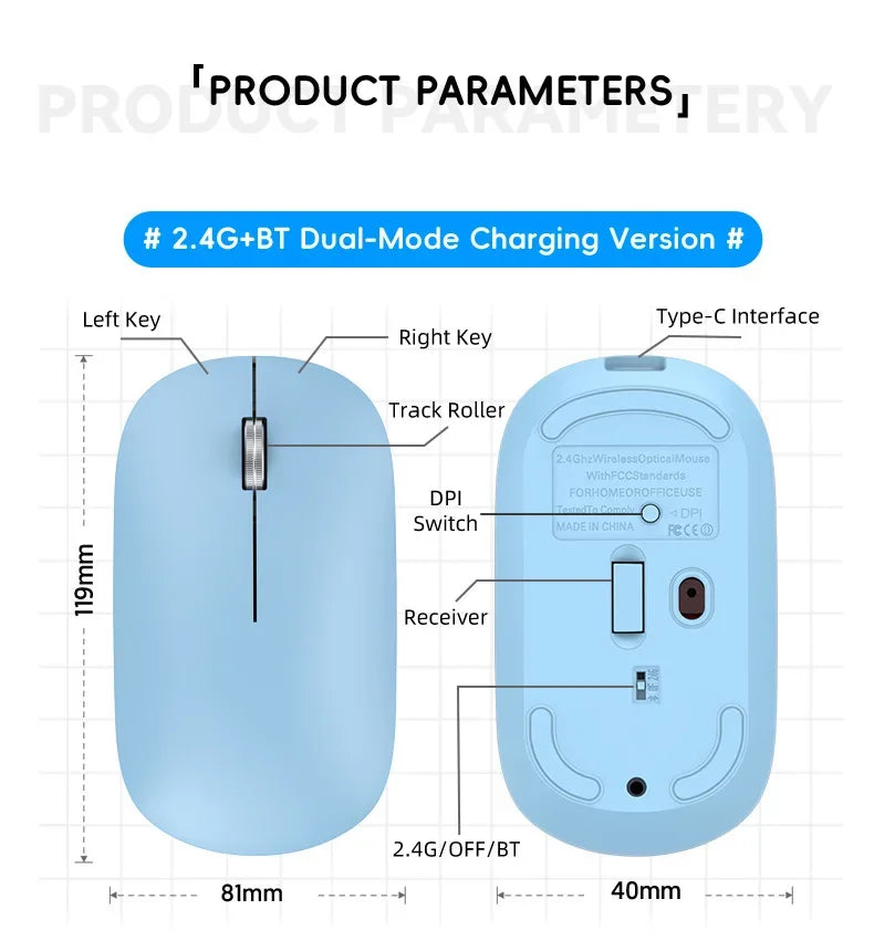 2.4G Wireless Mouse Type-C Rechargeable Bluetooth Mouse 1600DPI Silent Click Portable Office Game No-Noise Mice for PC Laptop