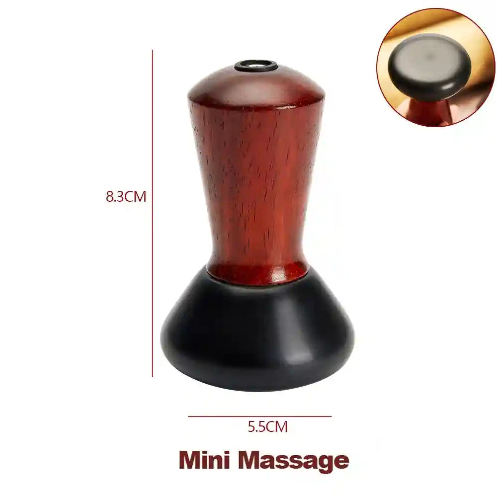 Mini massage tool with a reddish-brown wooden handle and rounded black base, 8.3cm tall, for muscle relaxation.