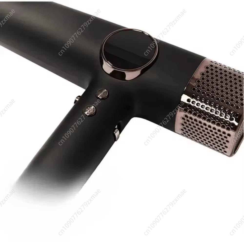 Professional matte black high-speed ionic hair dryer with metallic filter and sleek digital display control panel.