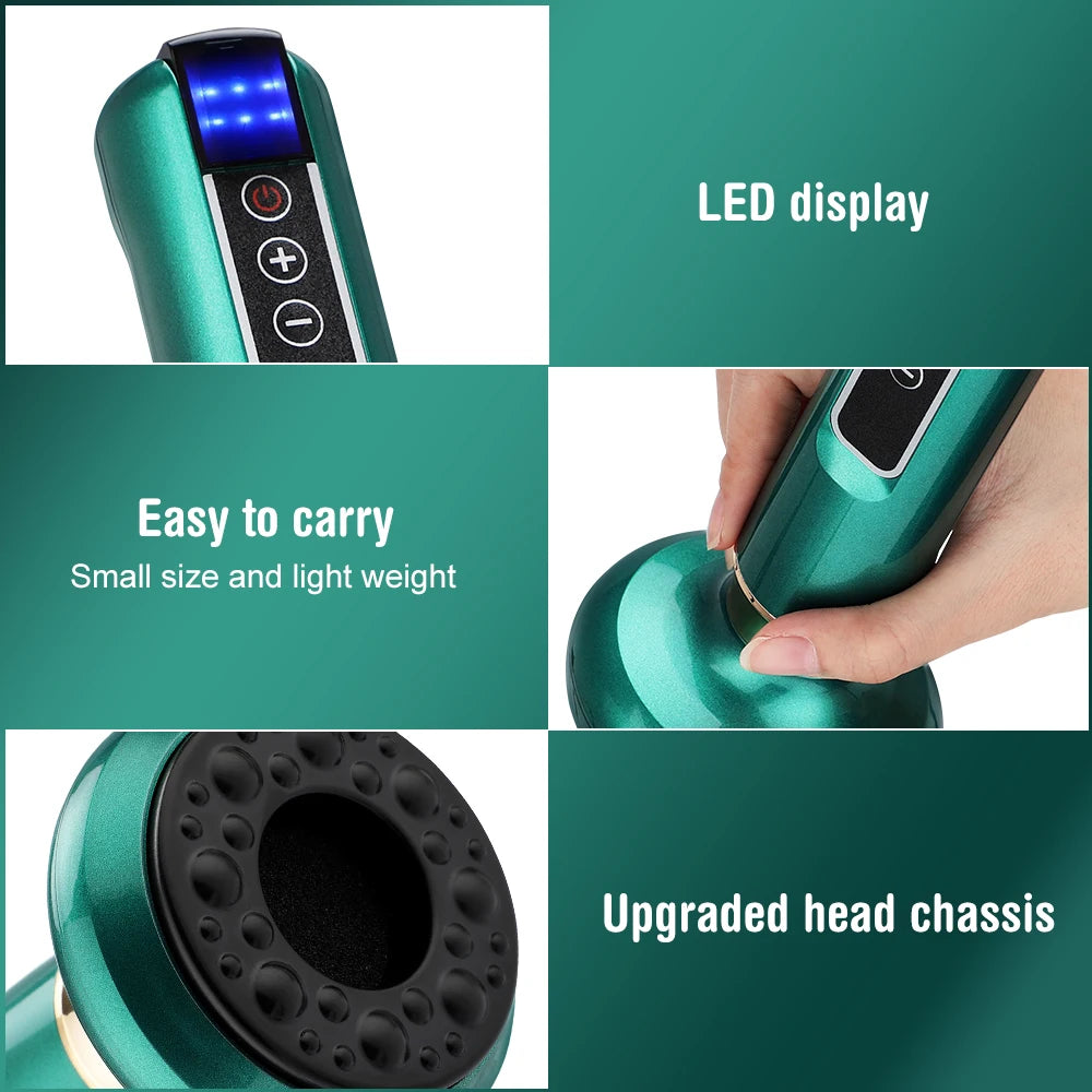 Green electric vacuum cupping massager with LED display, adjustable suction, and ergonomic handheld design for GuaSha.