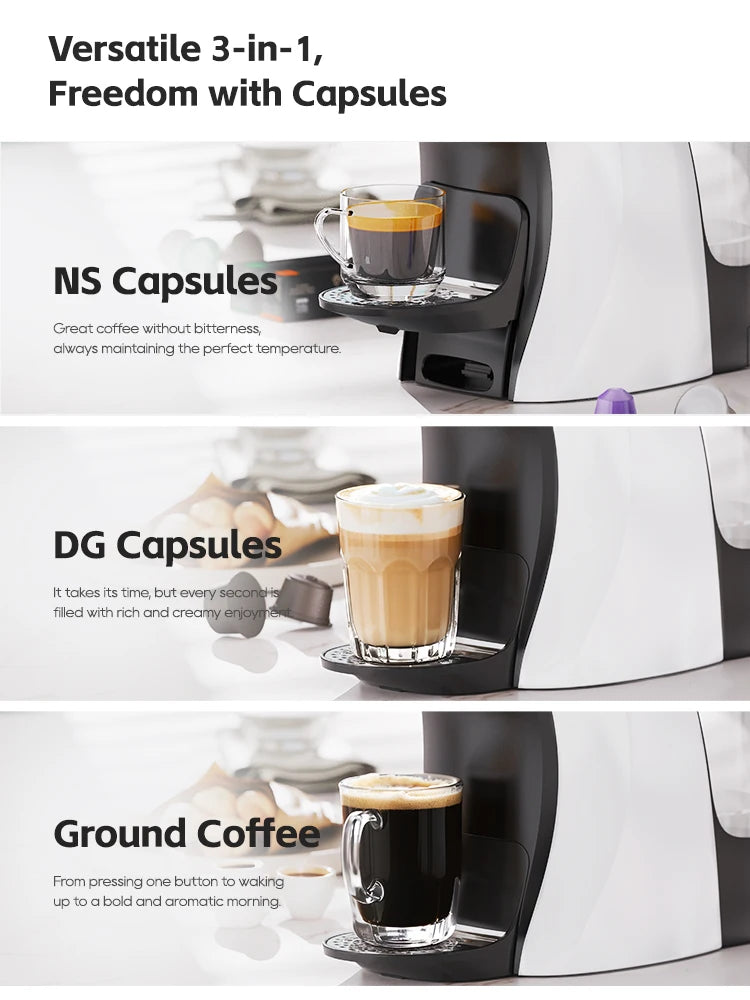 White and black 3-in-1 coffee maker for NS capsules, DG capsules, and ground coffee brewing.