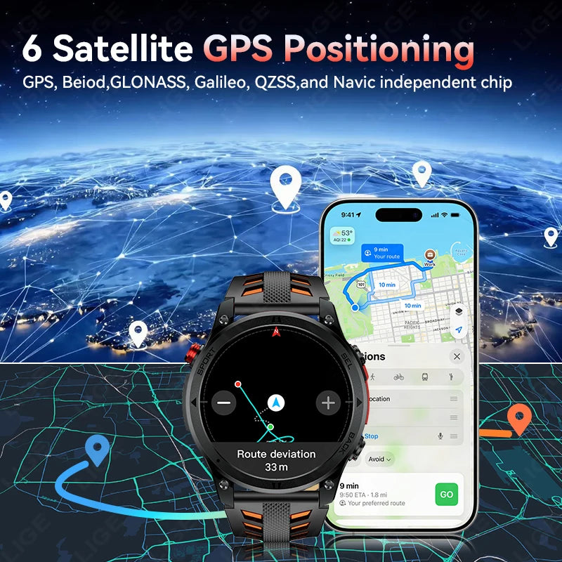 LIGE 2026 New GPS Path Smart Watch 530mAh Battery IP68 Waterproof Sports Run Tracker BT Call Outdoor Compass Military Smartwatch