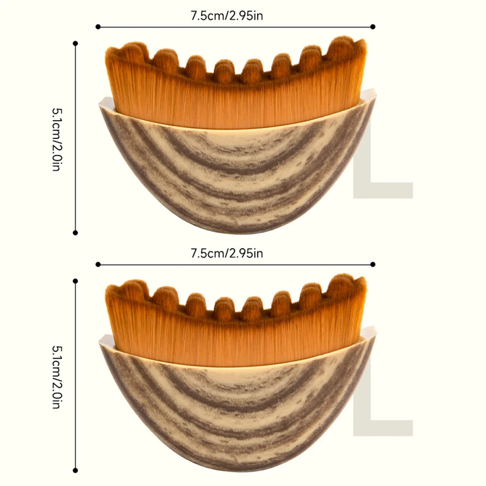 Two crescent-shaped face massager brushes with brown bristles and wood-grain patterns, labeled with dimensions.