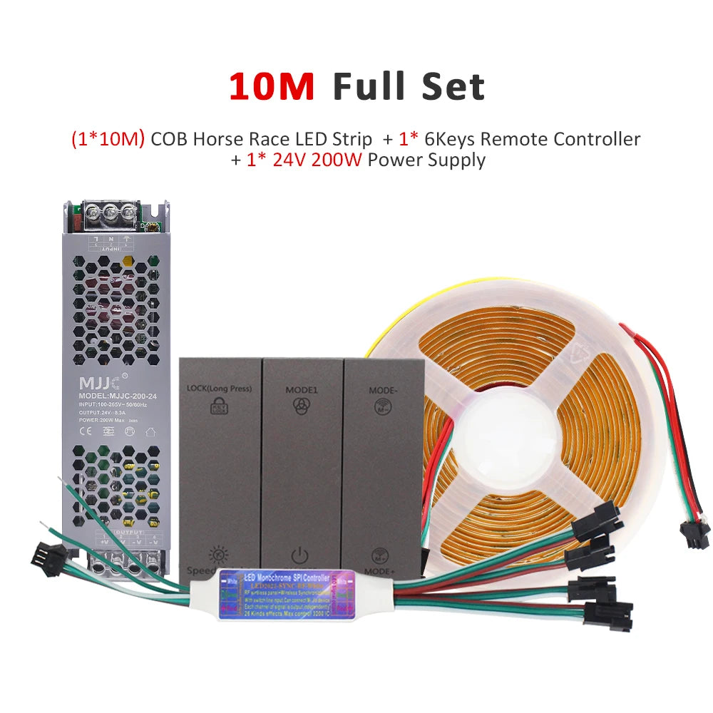 10M LED strip kit with power supply, controller, and coiled COB ribbon