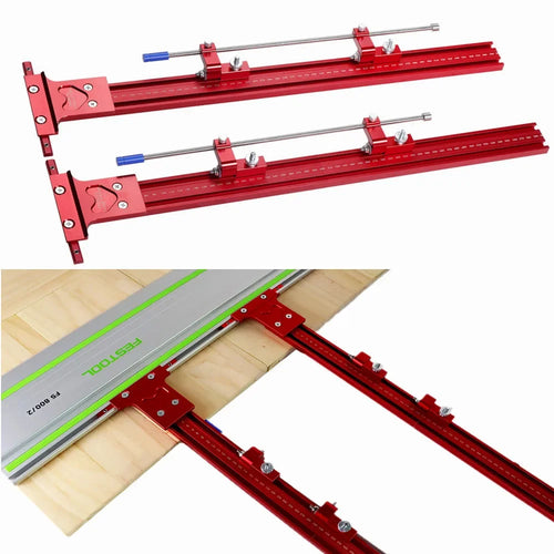 Red aluminum parallel guide rail system with angle clamps and adjustable saw stops