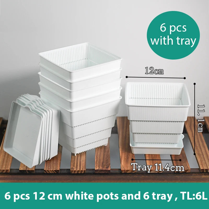 White 12 cm succulent plastic pots with tray, stackable 6-piece set