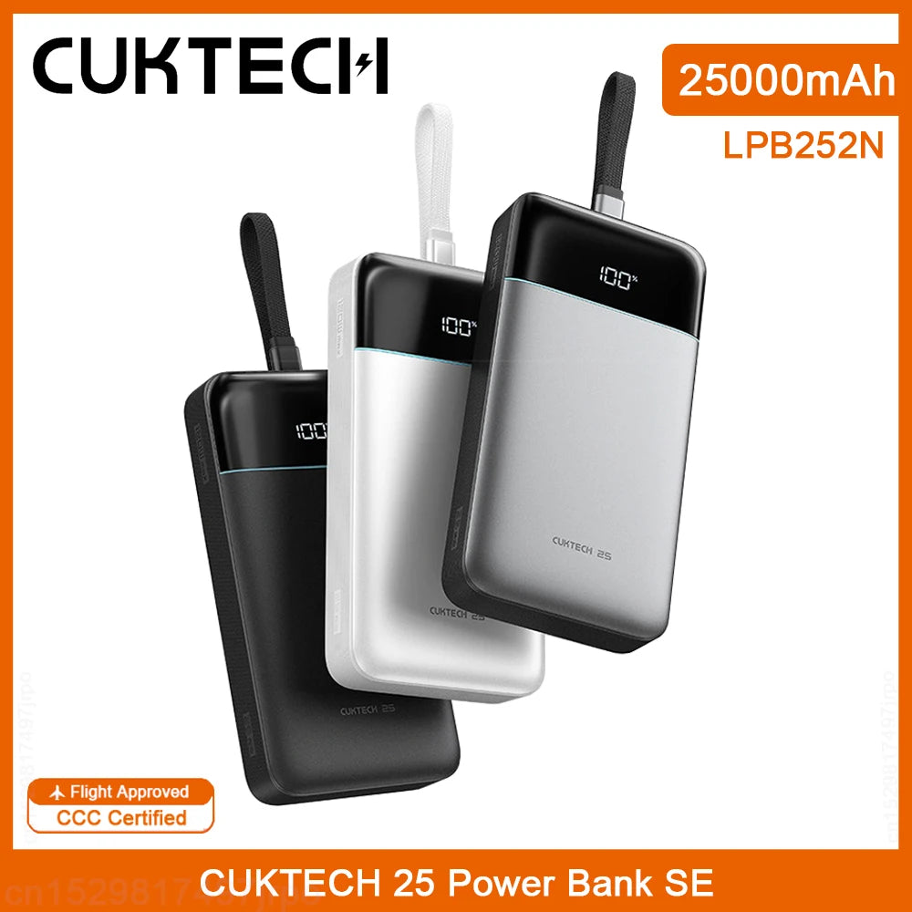 CUKTECH 25000mAh 120W Portable Charger with Built-in USB-C Cable Tidesmit