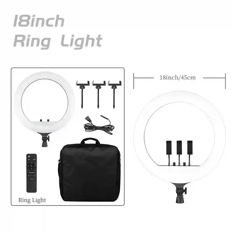 18-inch white circular LED ring light with three phone mounts, remote control, power cord, and black carrying bag.