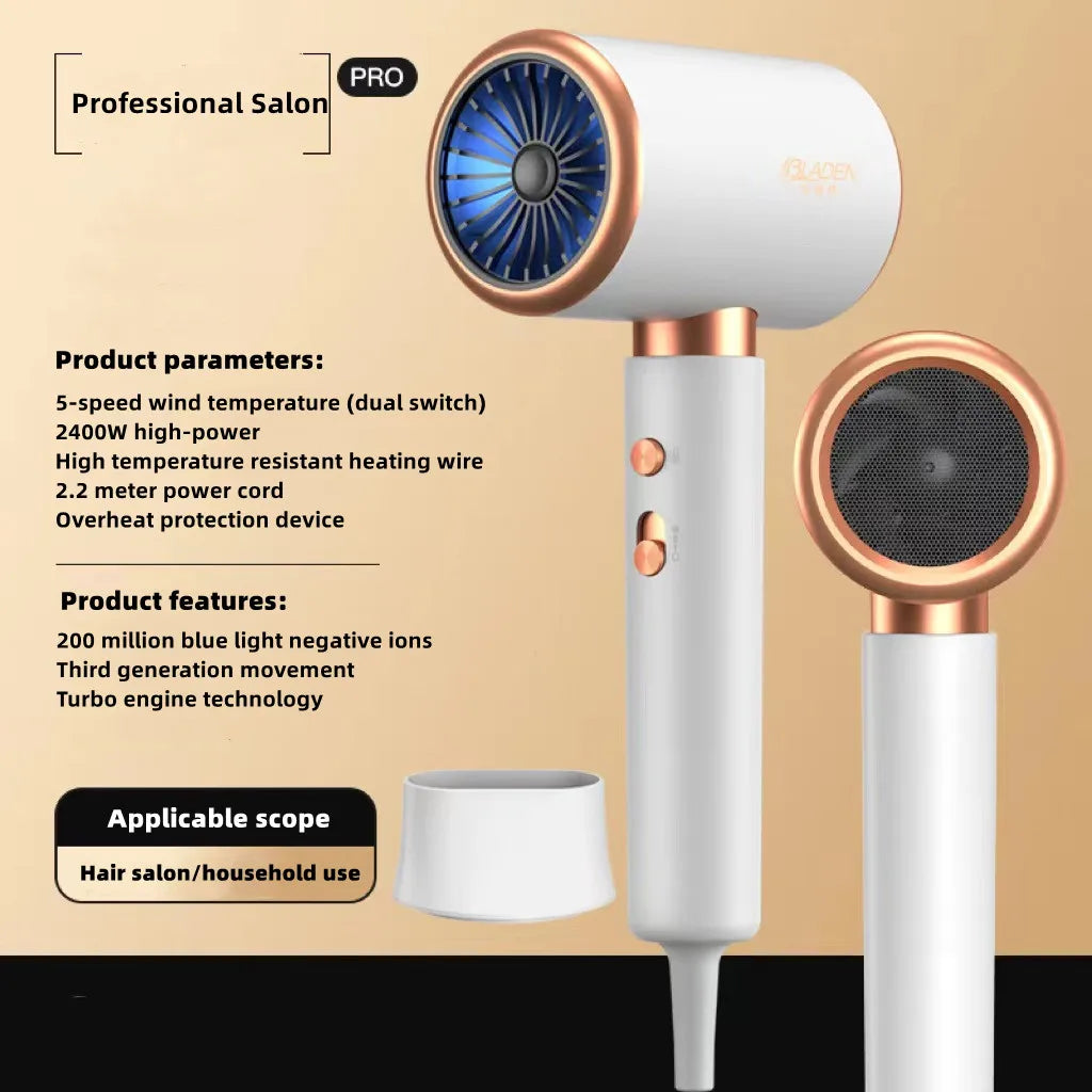 White and gold 2400W professional hair dryer with blue light negative ion tech, attachments, and turbo engine.