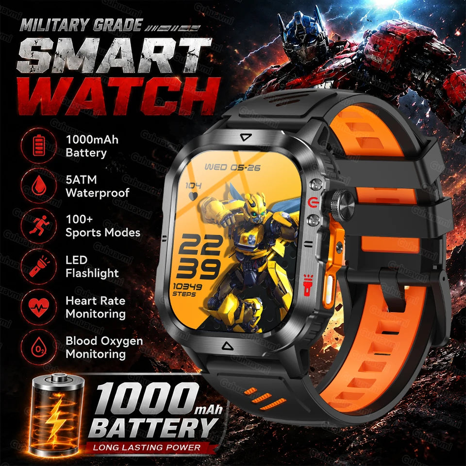 Orange-accent rugged smartwatch with round display and black-and-orange strap