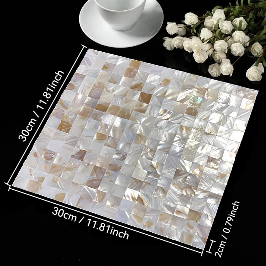 Mother of pearl mosaic tile sheet with reflective square tiles, creamy white, 30x30 cm