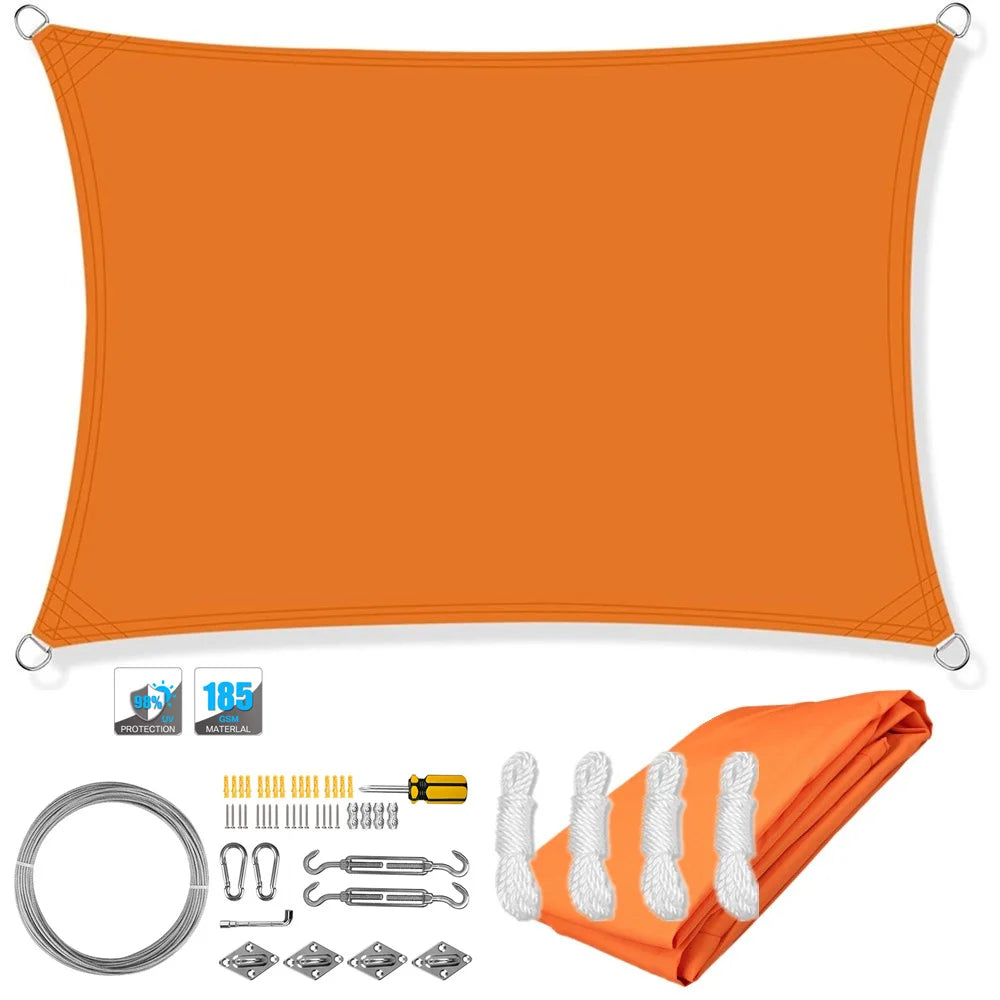 Rectangular waterproof shade sail canopy with corner grommets, orange; includes bundled shade fabric.