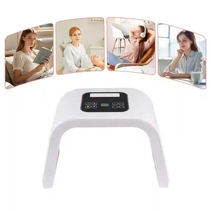 White arched LED light therapy device with a digital control panel, used for facial skin rejuvenation and relaxation.