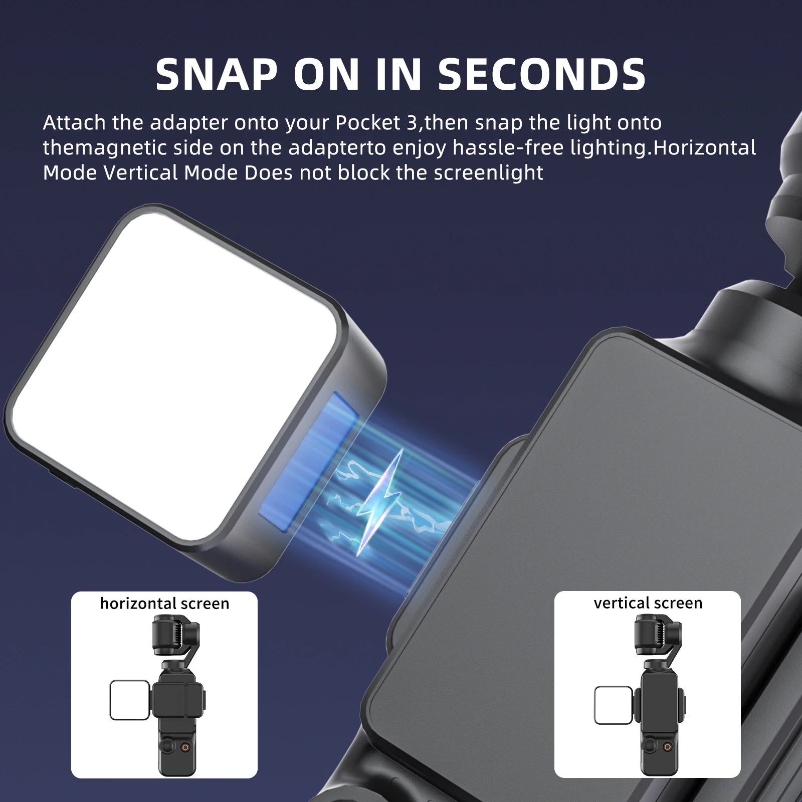 Magnetic square LED light attaching to a camera gimbal adapter for horizontal or vertical shooting setups.