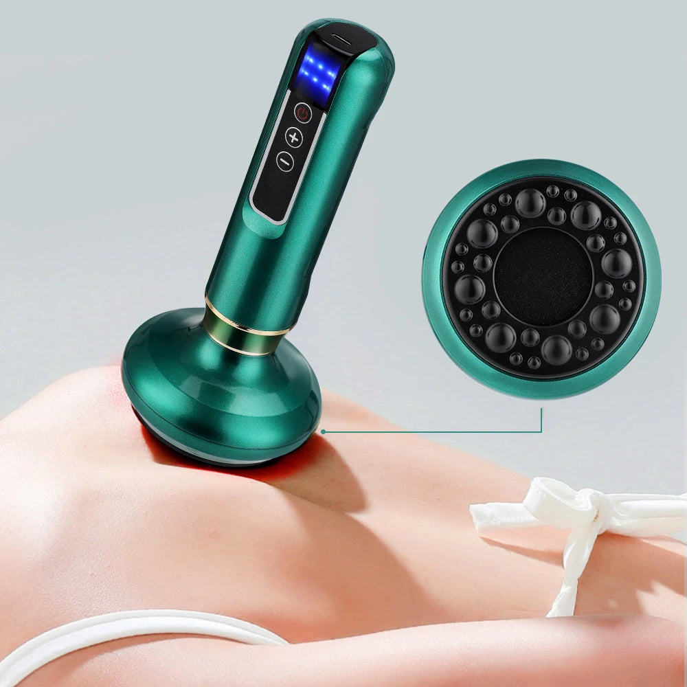 Green electric cupping massager with vacuum suction, heat therapy, and LED display used for body slimming and Guasha.