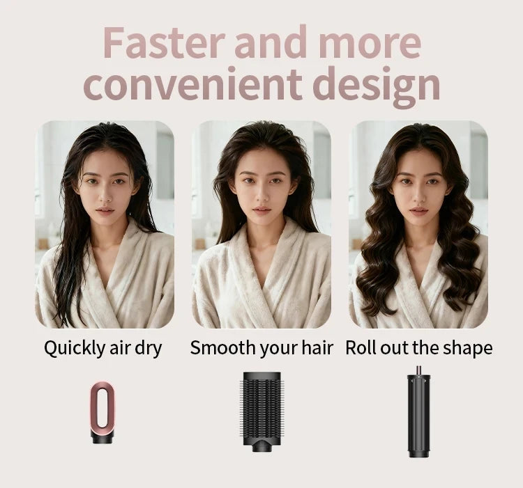 SenCiciMen 6-in-1 hair styler set showing rose gold dryer, volumizing brush, and curling barrel for salon-style curls.