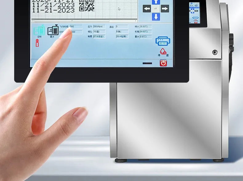 Inkjet printer with front touchscreen display and QR-code and barcode preview