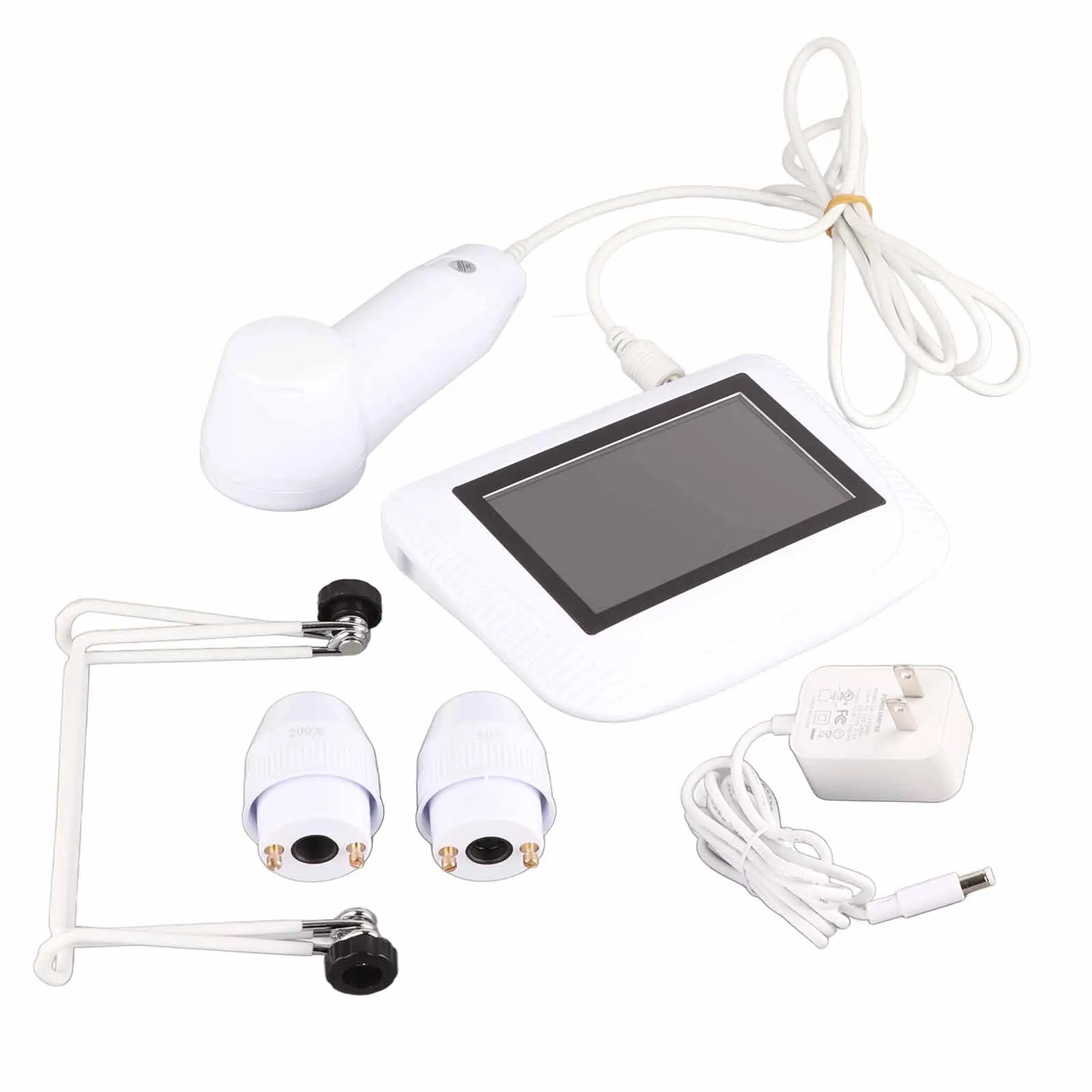 White digital skin analyzer with 50x/200x magnification lenses, display monitor, and charger for scalp and skin care.