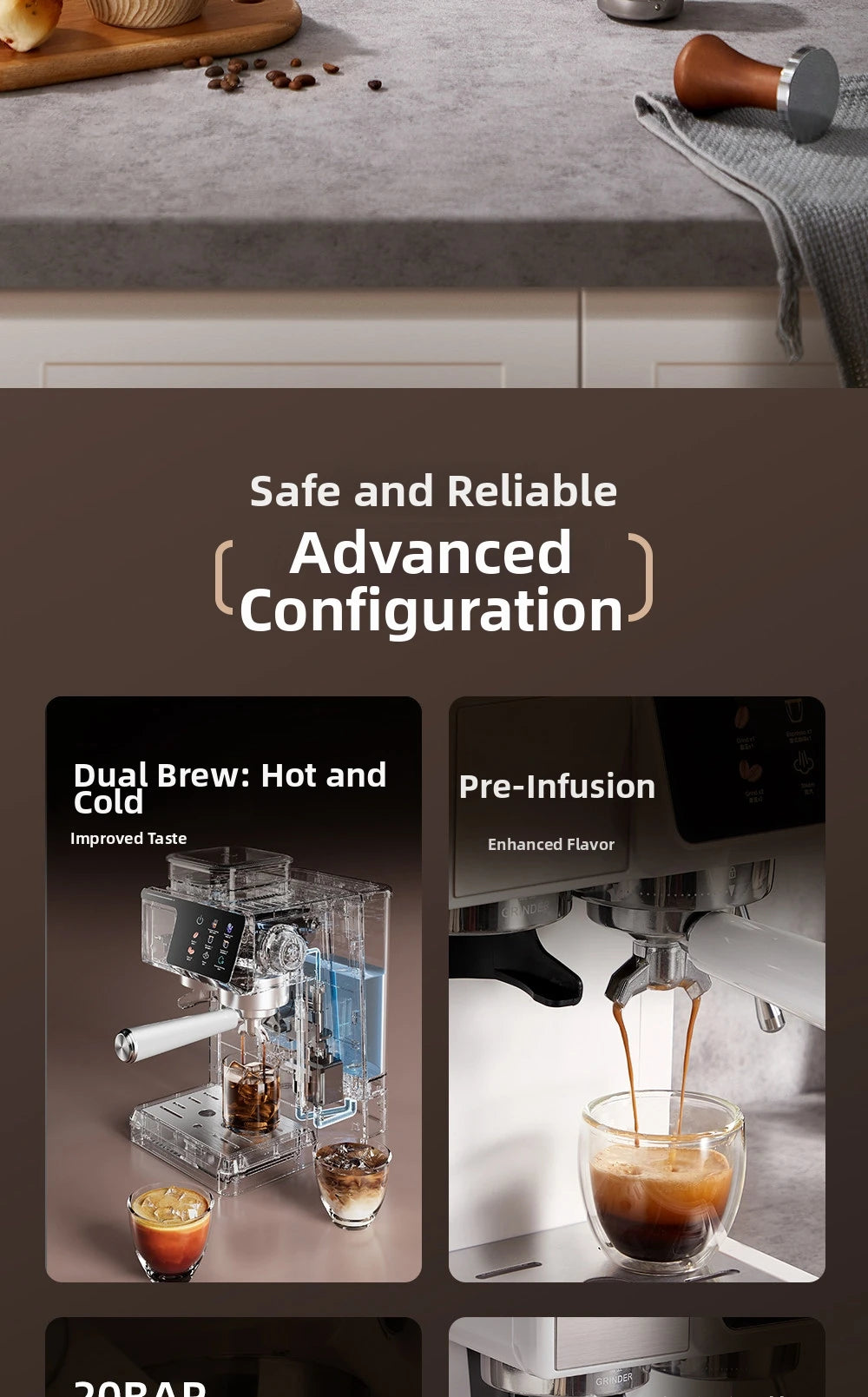 Transparent dual hot and cold espresso machine with white accents, showing pre-infusion and 20-bar brewing technology.