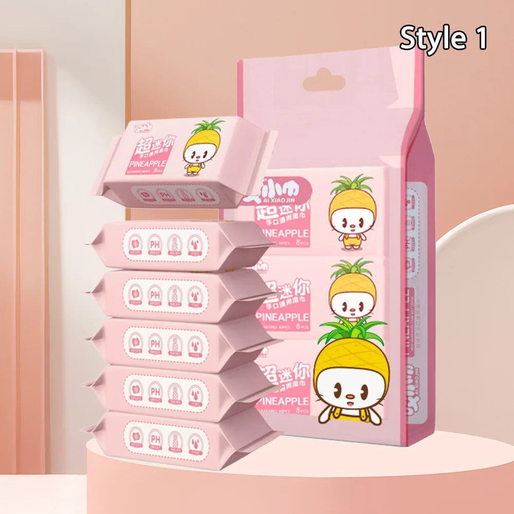 Ai Xiao Jin baby wipes, 8-count packs in pink packaging featuring a cute pineapple character design.