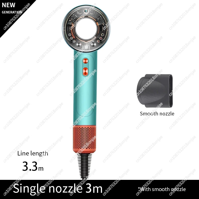 Teal leafless negative ion hair dryer with smooth styling nozzle and 3.3m cord for professional salon results.