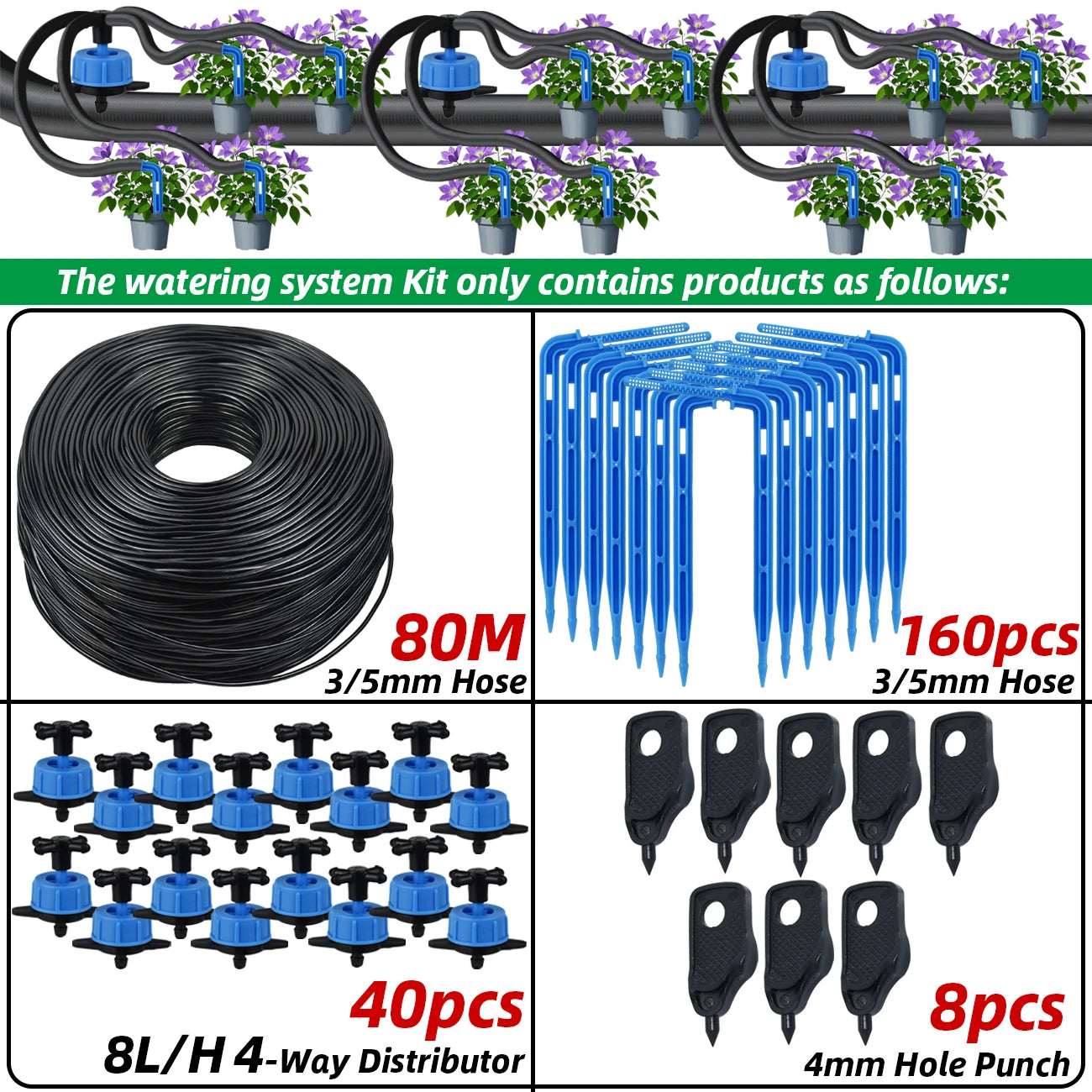 4-way drip irrigation kit with blue 3/5mm hose coil, black drippers and hole punch