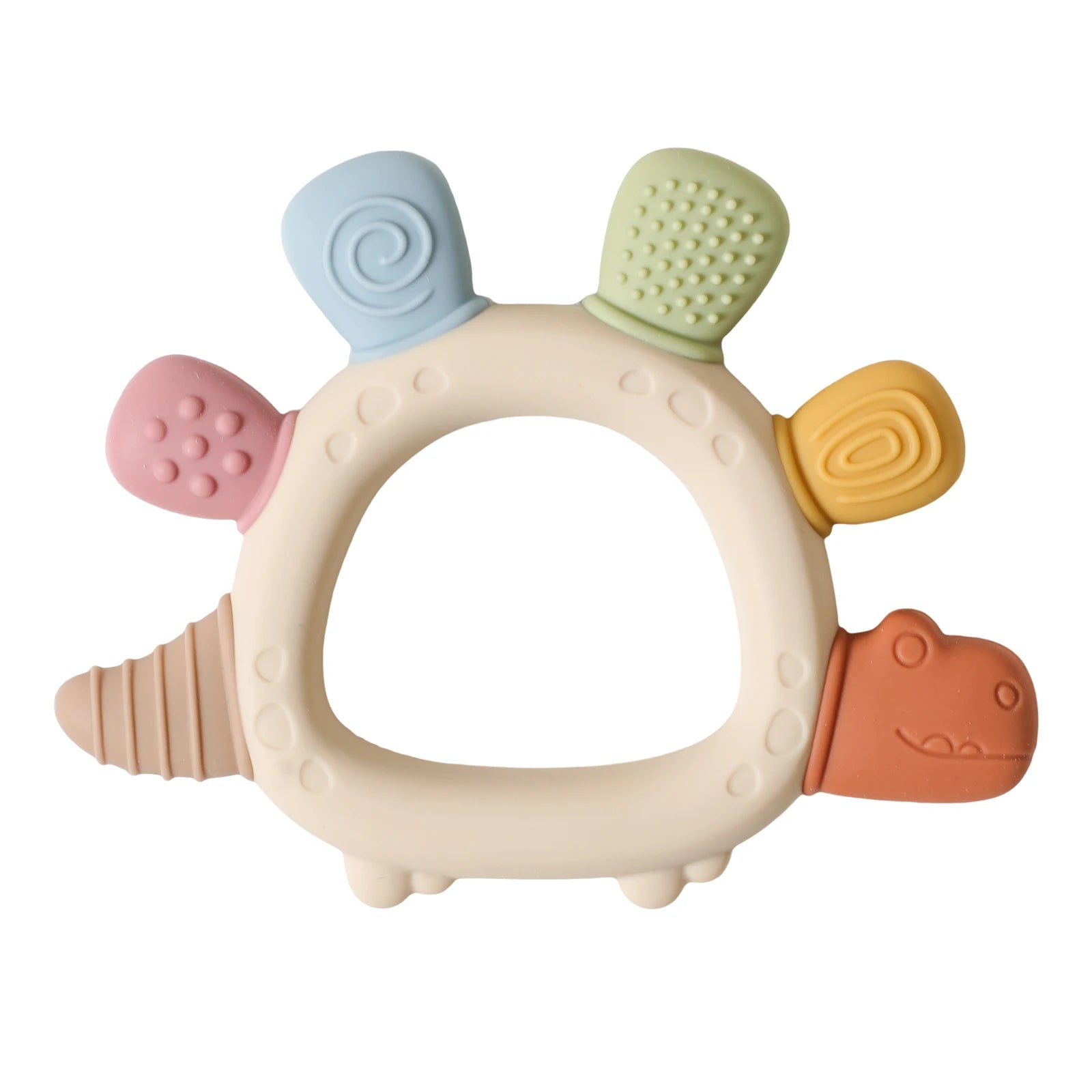 Multi-colored silicone dinosaur baby teething toy for soothing sore gums.