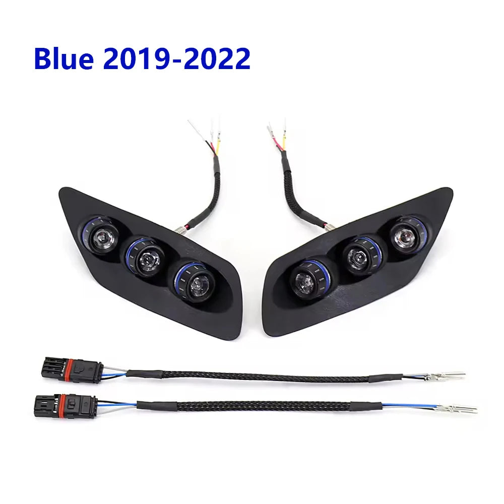 LED integrated tail light and turn signal pair, black housings with blue accent rings, wiring harness