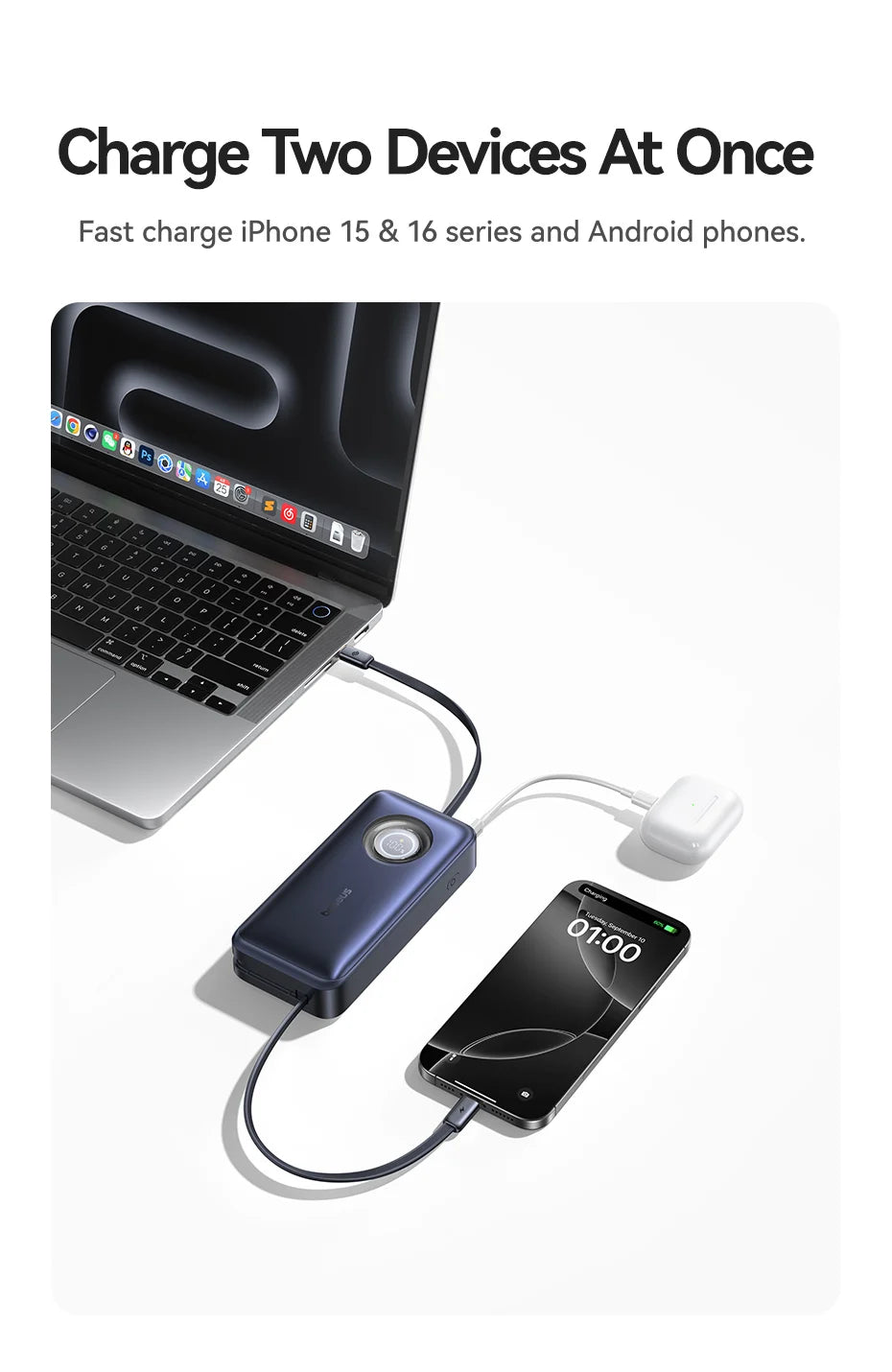 20000mAh 100W PD Power Bank with Retractable USB-C Cable Tidesmit