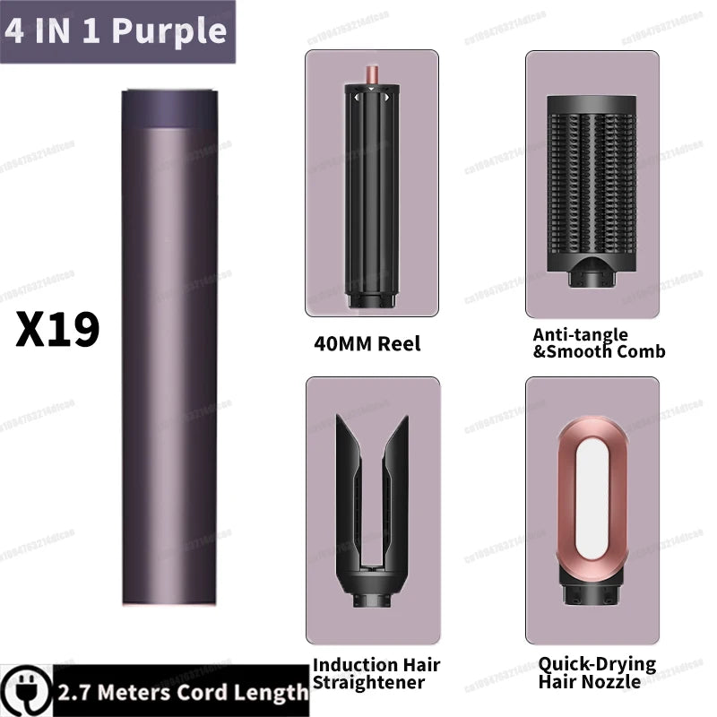 SenCiciMen 4-in-1 purple auto hair styler with curling barrel, hot air brush, dryer nozzle, and straightener tool.