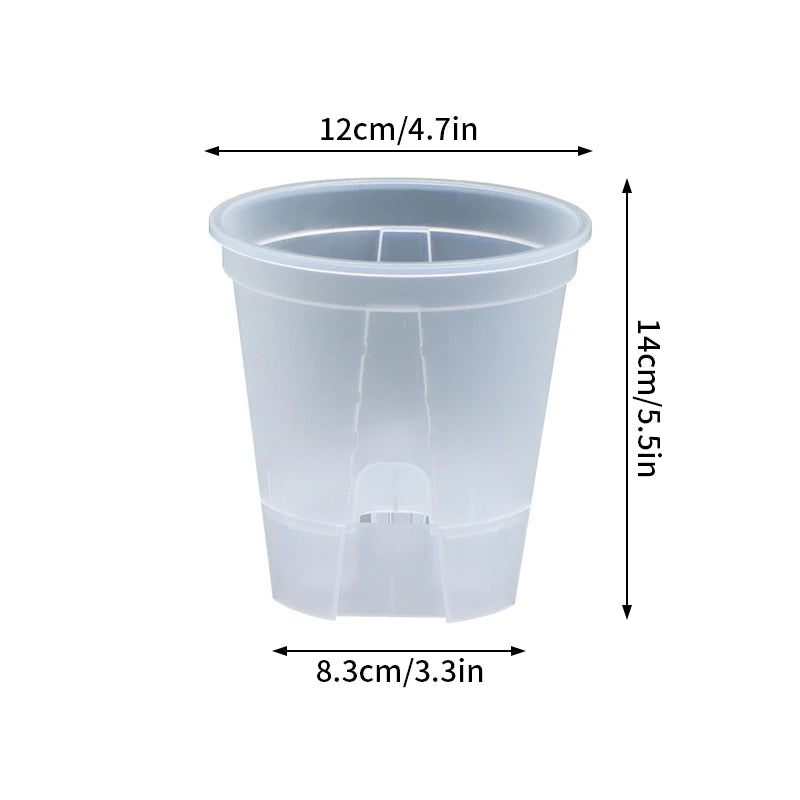 Self-watering flower pot, clear double-layer plastic with round drainage inserts