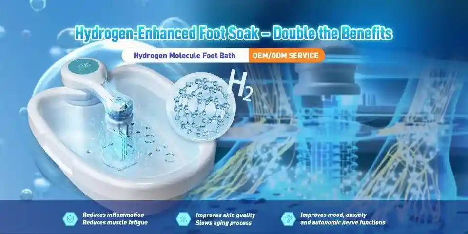 Hydrogen therapy foot spa basin with ionic detox array, blue aesthetic, featuring H2 molecular structure for wellness.