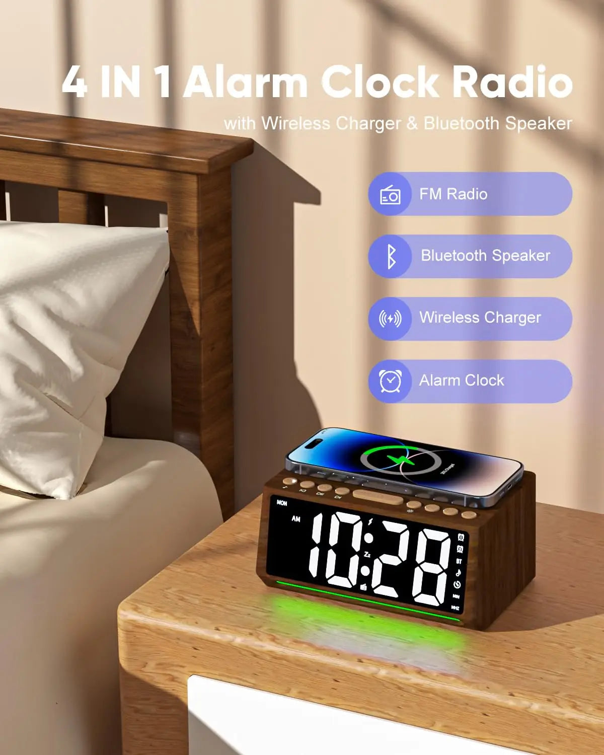 Wooden Digital Alarm Clock with Wireless Charger & Bluetooth Speaker Tidesmit