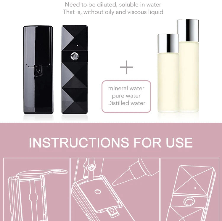 Black portable nano facial steamer and USB rechargeable mist sprayer for skin hydration and eyelash extensions.