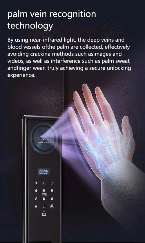 Black smart door lock camera with illuminated palm-vein recognition scanner