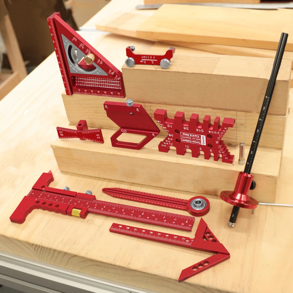 10pcs Woodworking Square Kit with Box, T-Square Scribing Tools,Positioning Block,Circular Drawing Compass,Honing Guide,Height Ga
