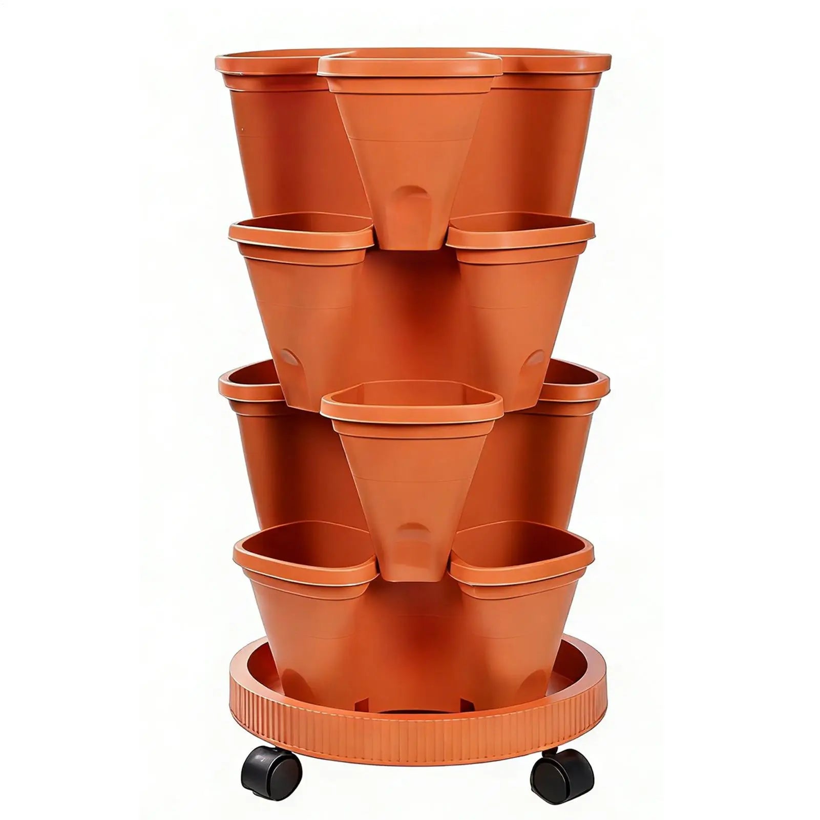 Orange plastic stackable vertical flower pot planter tower with multi-tier side planters and casters